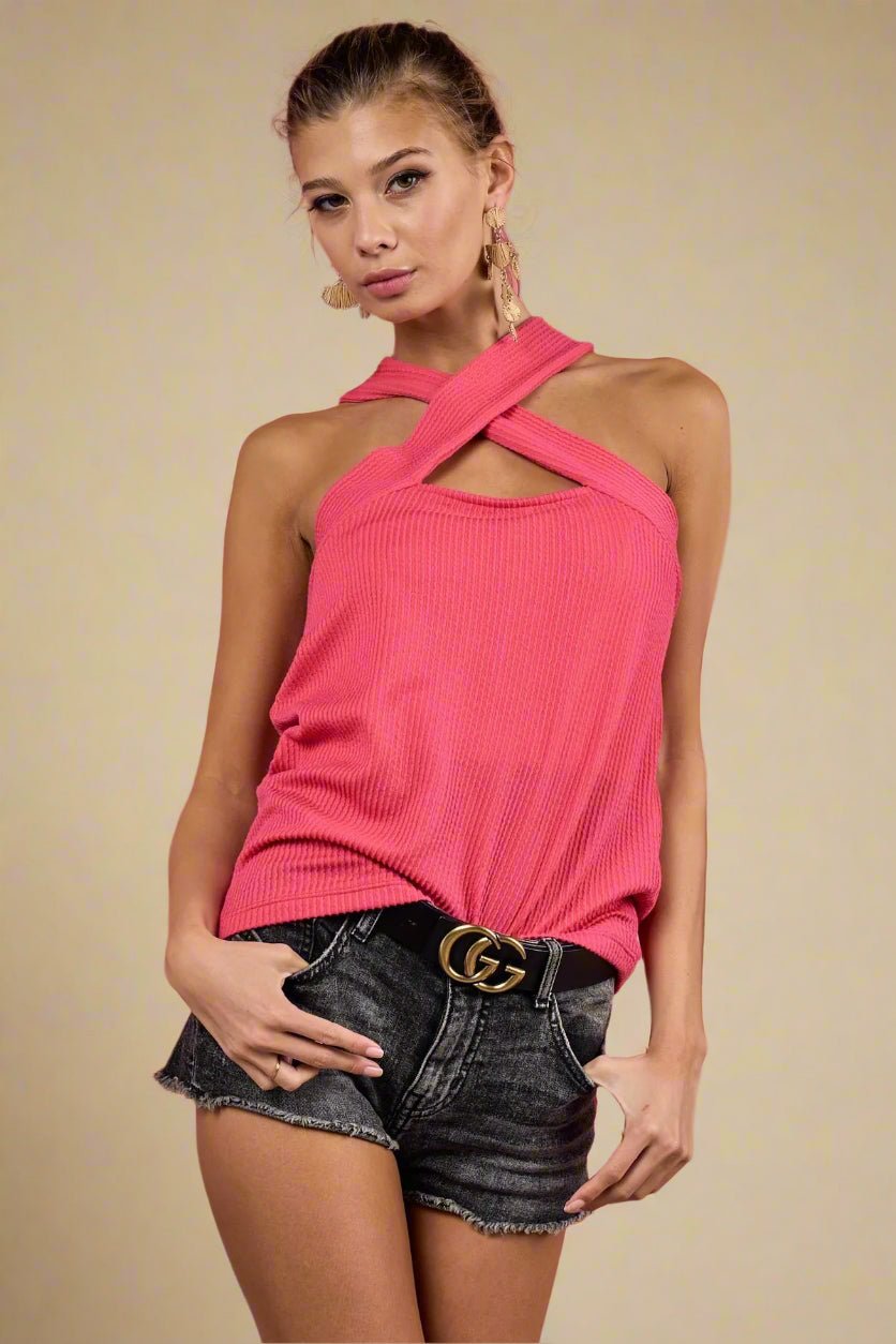 BiBi - Two - Way Rib Knit Tank Top in Hot Pink