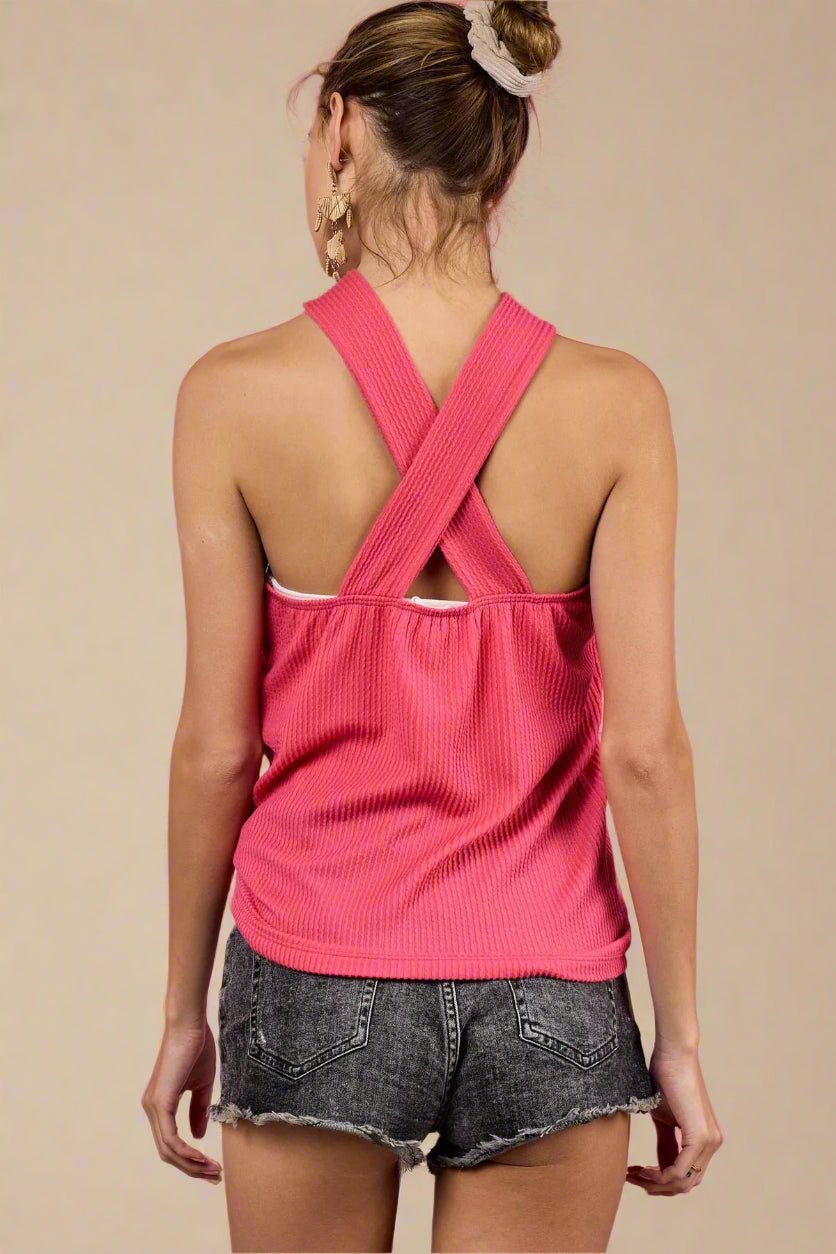 BiBi - Two - Way Rib Knit Tank Top in Hot Pink
