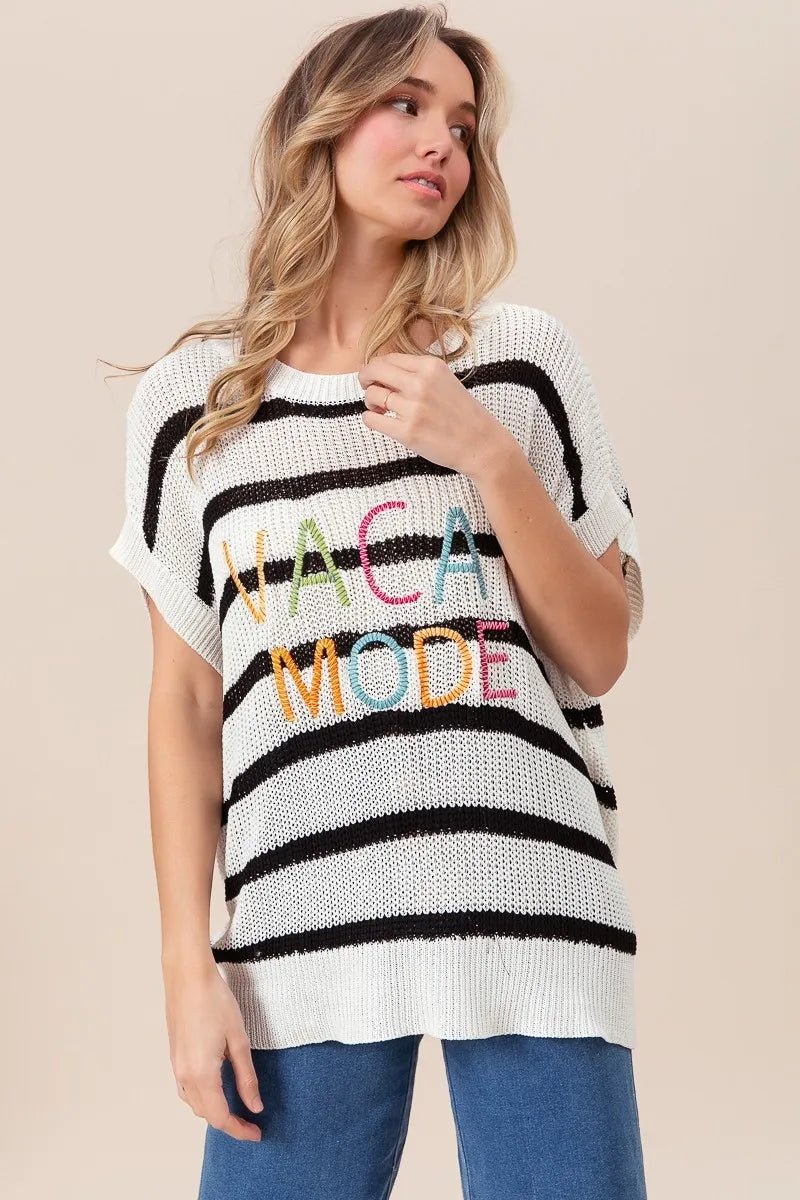 BiBi - Vacay Mode Striped Knit Sweater – Ivory & Black with Rainbow Text