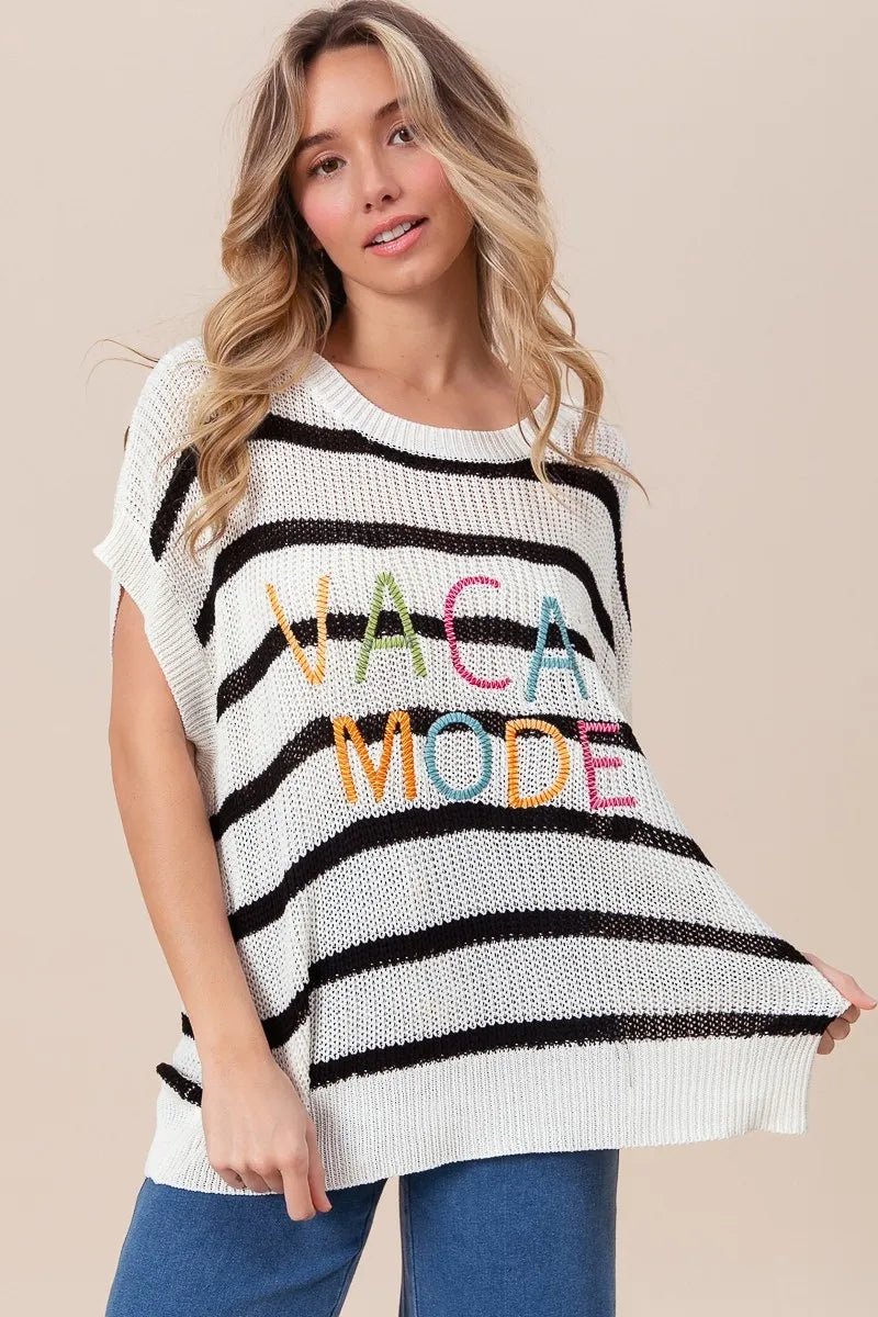 BiBi - Vacay Mode Striped Knit Sweater – Ivory & Black with Rainbow Text