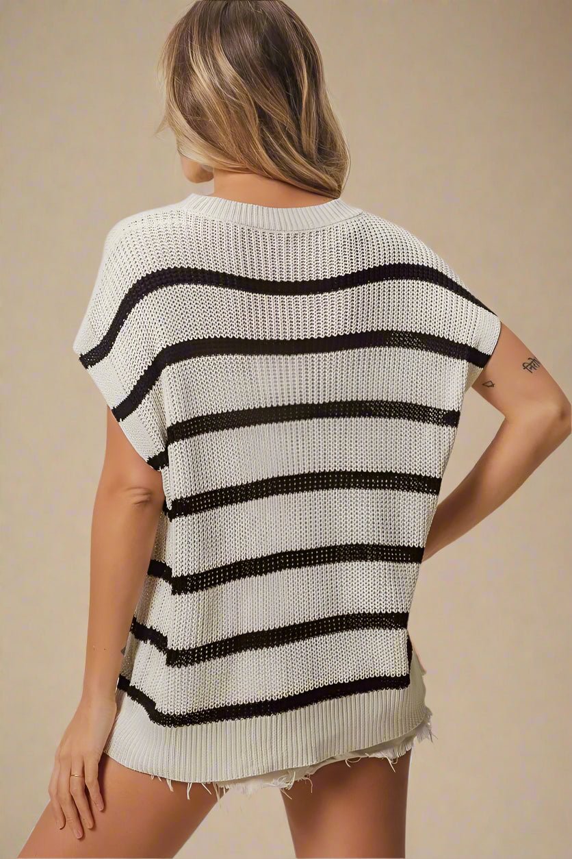BiBi - Vacay Mode Striped Knit Sweater – Ivory & Black with Rainbow Text