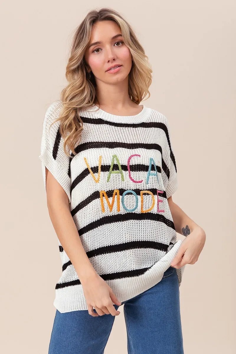 BiBi - Vacay Mode Striped Knit Sweater – Ivory & Black with Rainbow Text