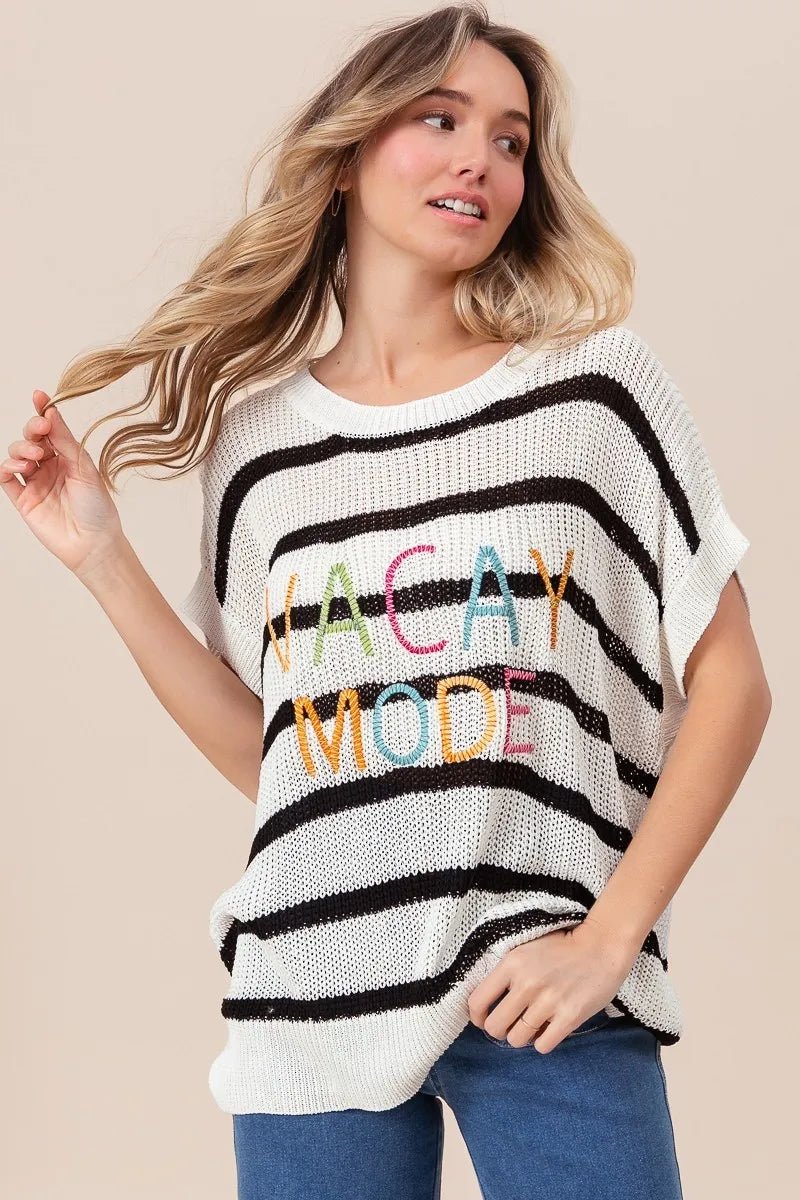 BiBi - Vacay Mode Striped Knit Sweater – Ivory & Black with Rainbow Text