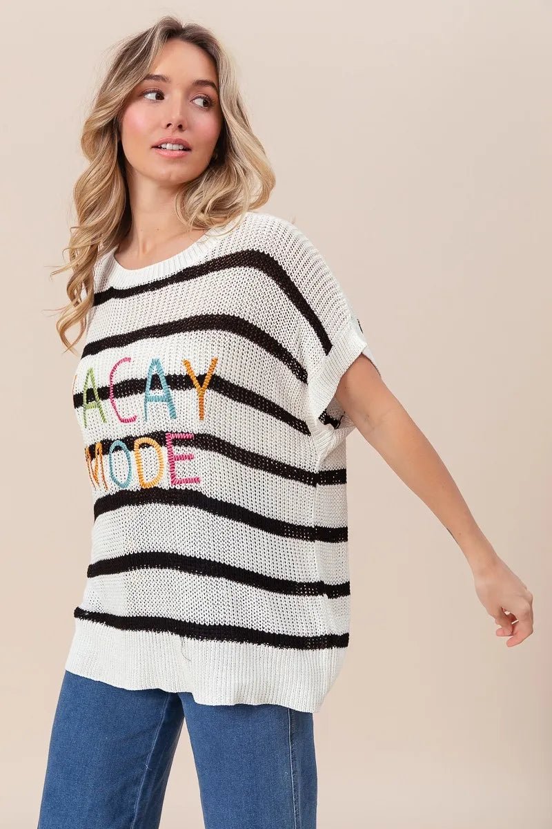 BiBi - Vacay Mode Striped Knit Sweater – Ivory & Black with Rainbow Text