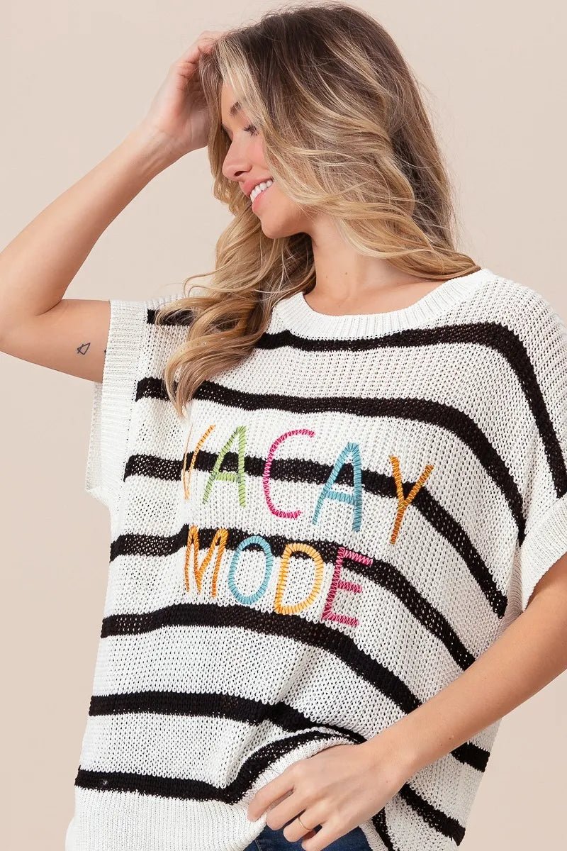 BiBi - Vacay Mode Striped Knit Sweater – Ivory & Black with Rainbow Text