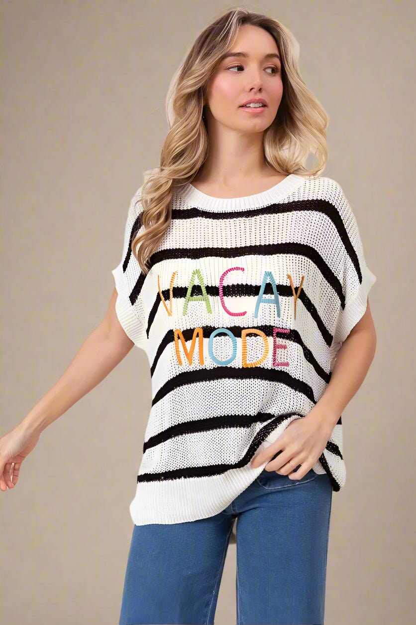 BiBi - Vacay Mode Striped Knit Sweater – Ivory & Black with Rainbow Text