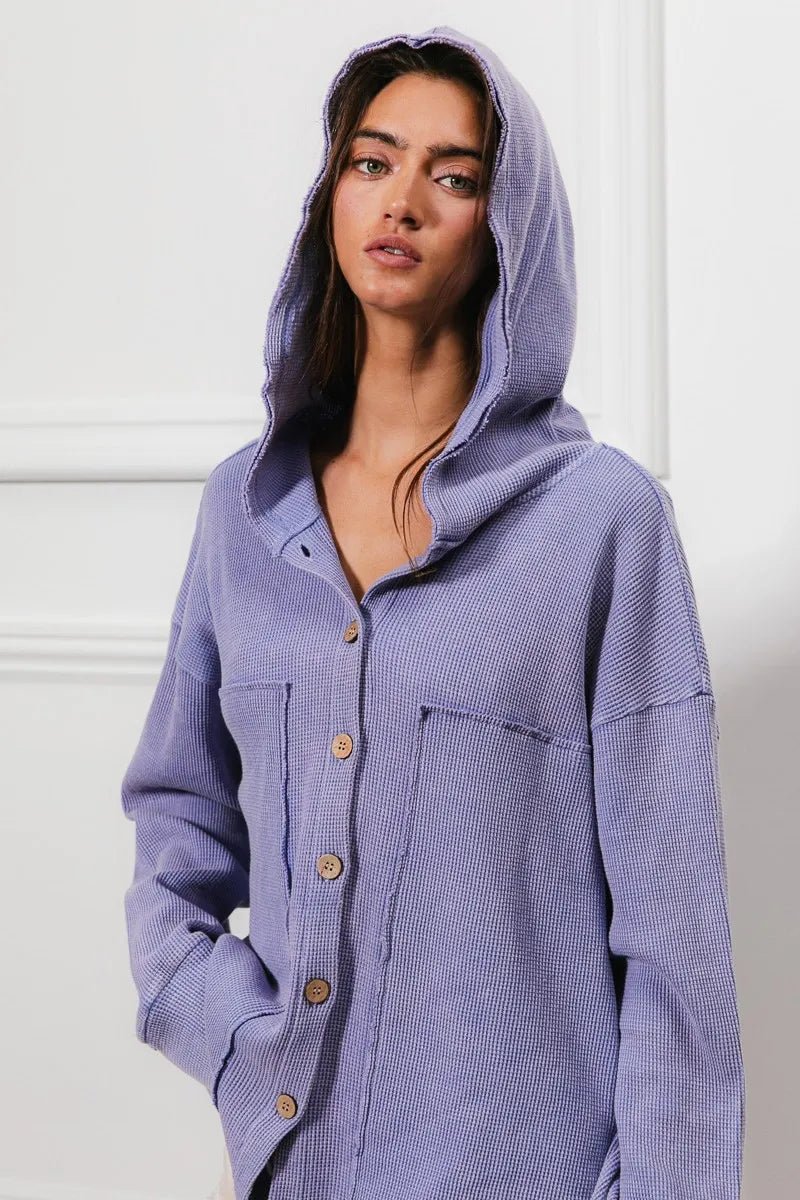 BiBi - Waffle Knit Button Hoodie in Dusty Lavender