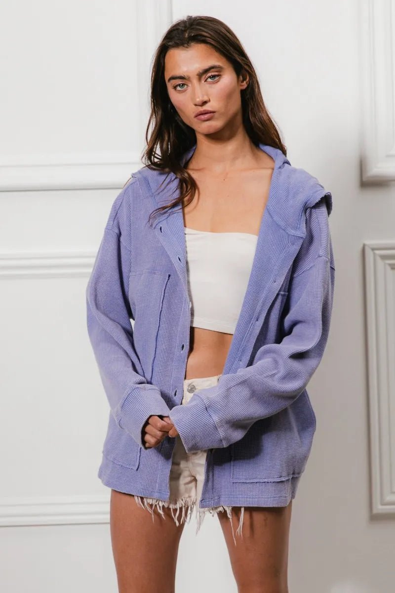 BiBi - Waffle Knit Button Hoodie in Dusty Lavender