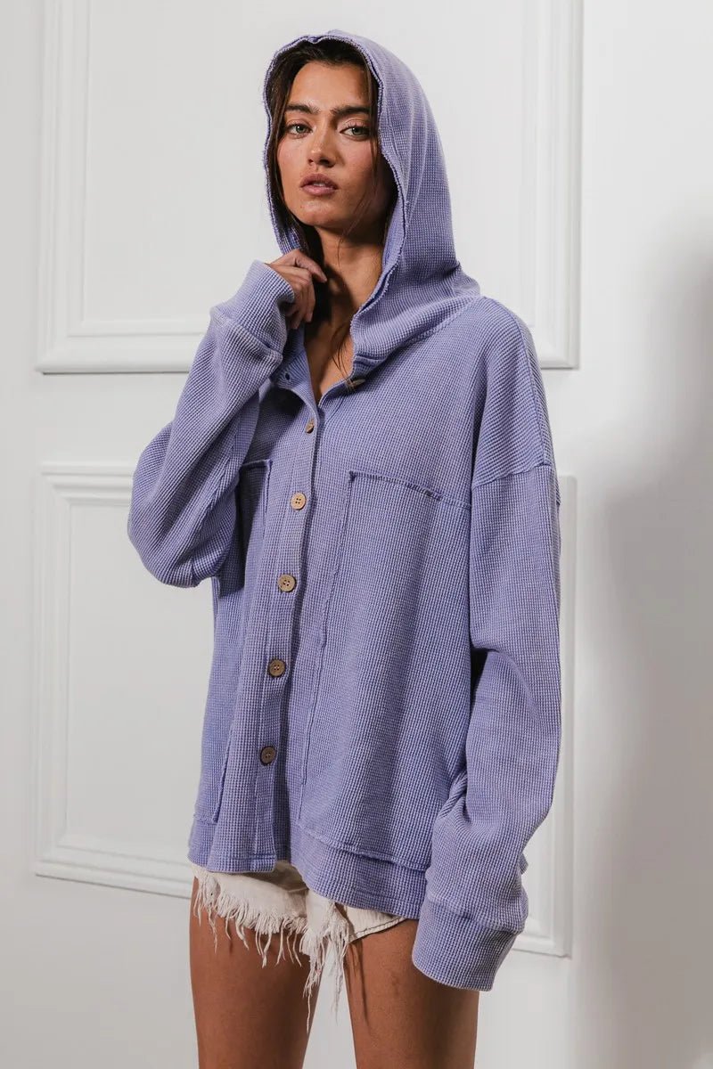 BiBi - Waffle Knit Button Hoodie in Dusty Lavender