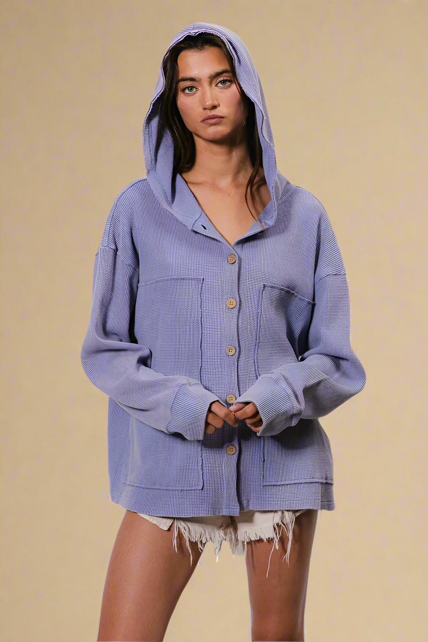 BiBi - Waffle Knit Button Hoodie in Dusty Lavender