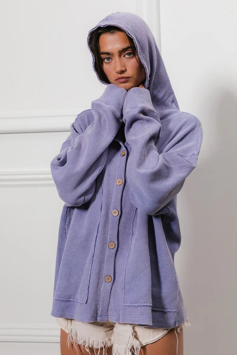 BiBi - Waffle Knit Button Hoodie in Dusty Lavender