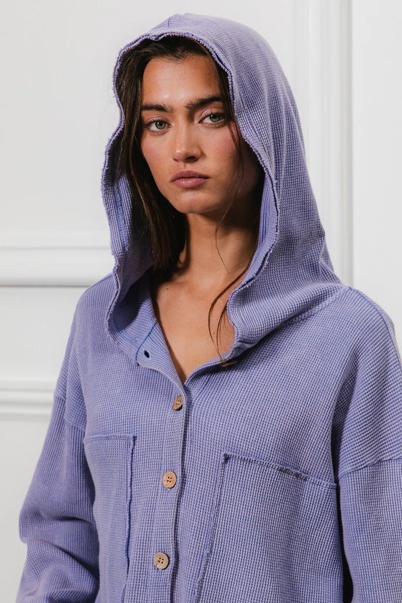 BiBi - Waffle Knit Button Hoodie in Dusty Lavender