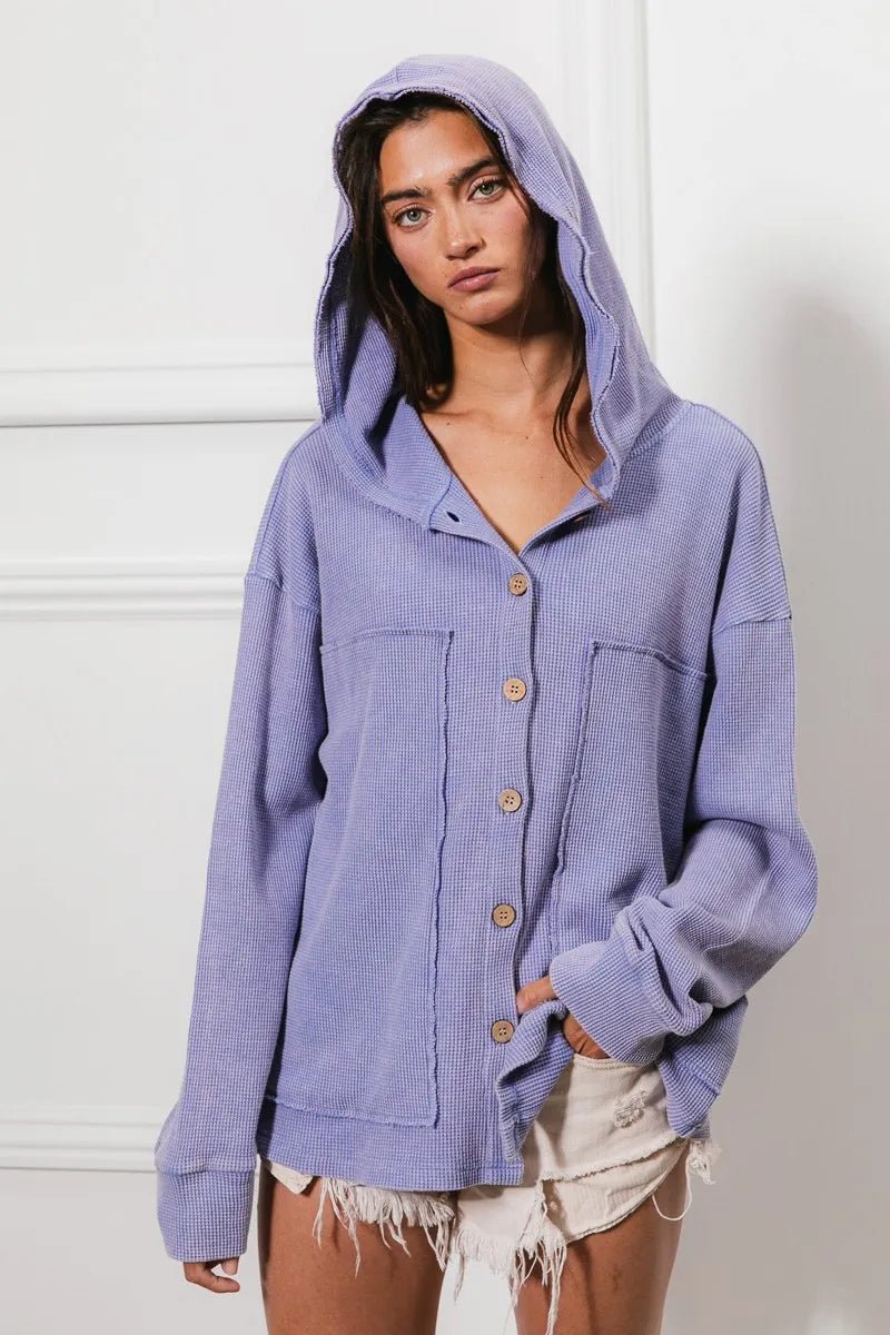 BiBi - Waffle Knit Button Hoodie in Dusty Lavender