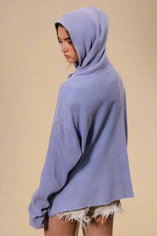 BiBi - Waffle Knit Button Hoodie in Dusty Lavender
