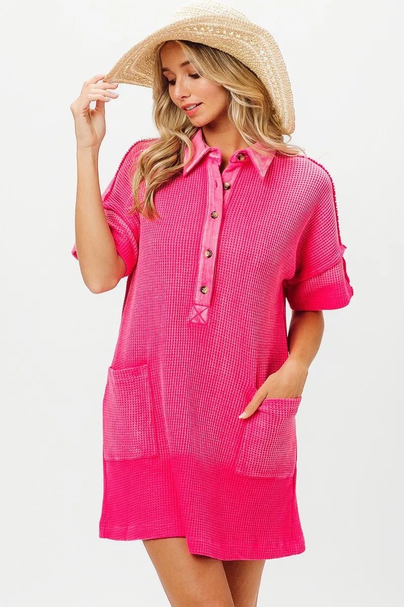 BiBi - Waffle Knit Collared Pocket Mini Dress in Hot Pink