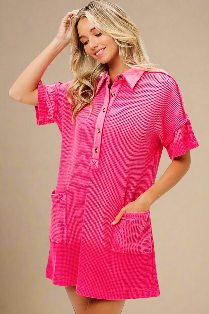 BiBi - Waffle Knit Collared Pocket Mini Dress in Hot Pink