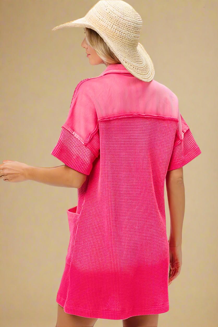 BiBi - Waffle Knit Collared Pocket Mini Dress in Hot Pink