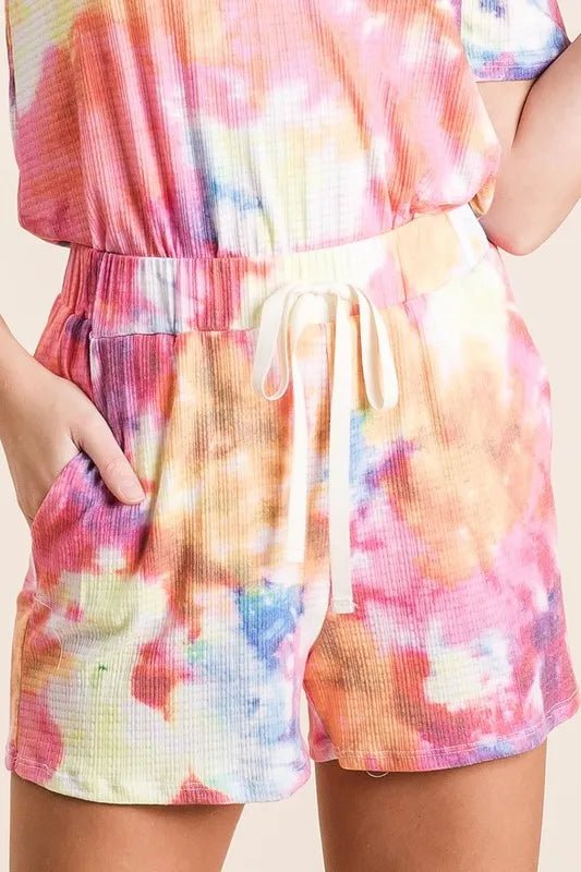 BiBi - Waffle Knit Drawstring Shorts – Rainbow Tie - Dye