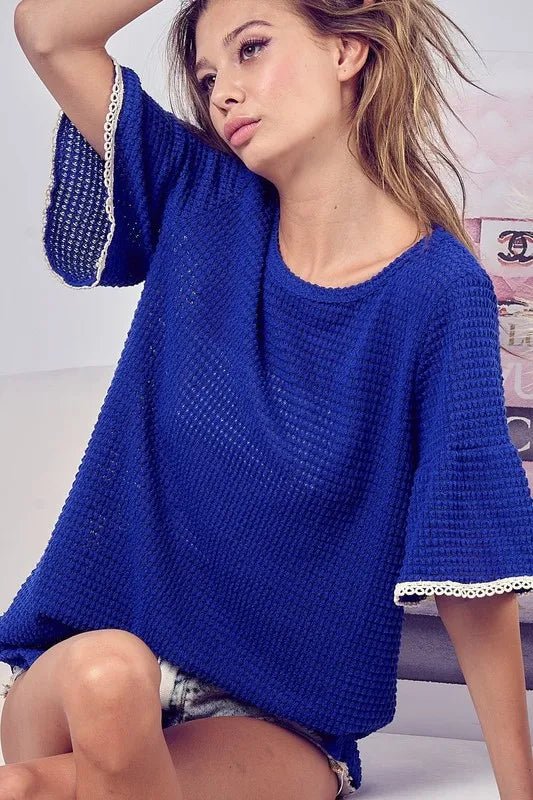 BiBi - Waffle Knit Short Sleeve Top in Cobalt Blue