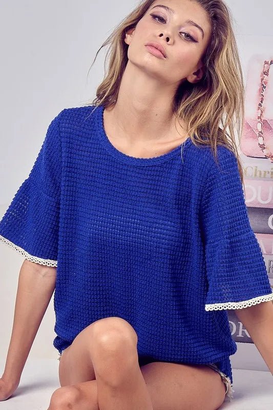 BiBi - Waffle Knit Short Sleeve Top in Cobalt Blue
