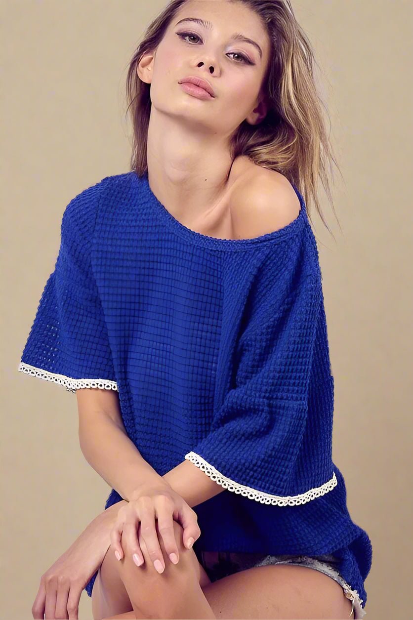 BiBi - Waffle Knit Short Sleeve Top in Cobalt Blue