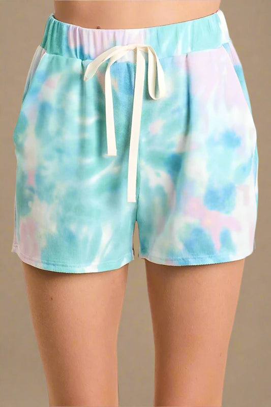 BiBi - Waffle Knit Tie - Dye Shorts – Aqua & White