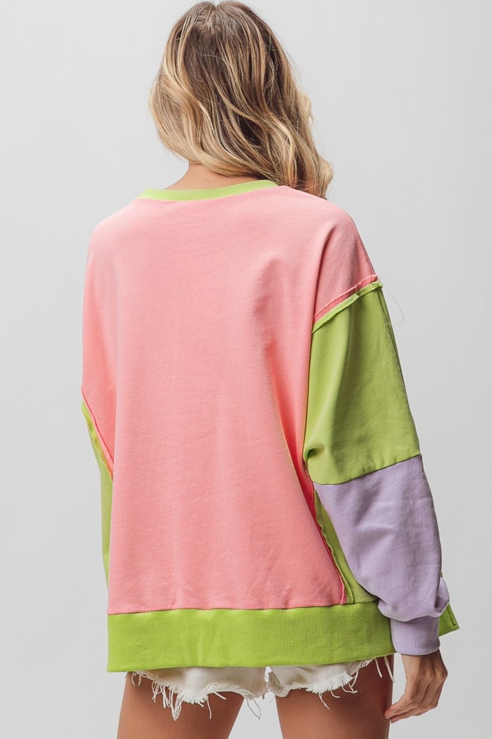 BiBi - Washed Color Block Sweatshirt in Pink Lime