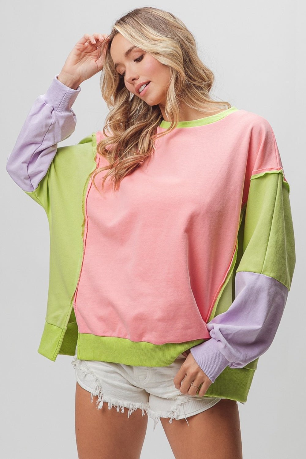 BiBi - Washed Color Block Sweatshirt in Pink Lime