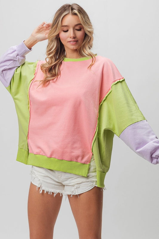 BiBi - Washed Color Block Sweatshirt in Pink Lime