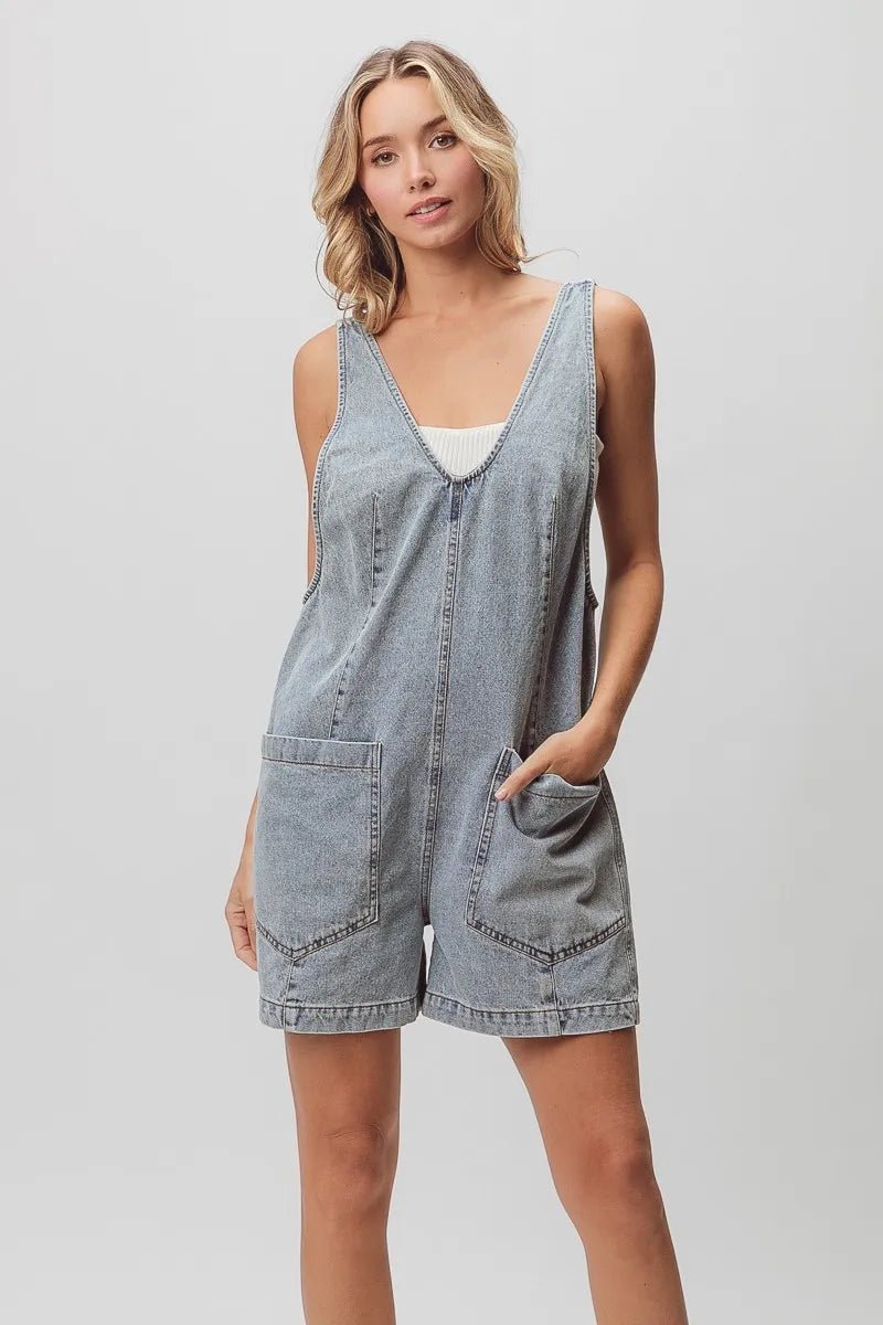 BiBi - Washed Denim Short Overalls in Faded Black