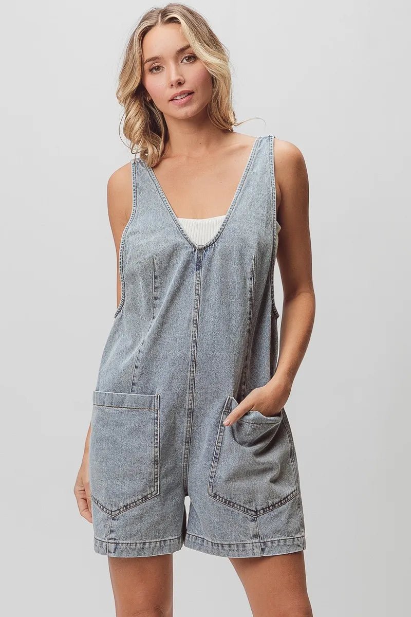 BiBi - Washed Denim Short Overalls in Faded Black
