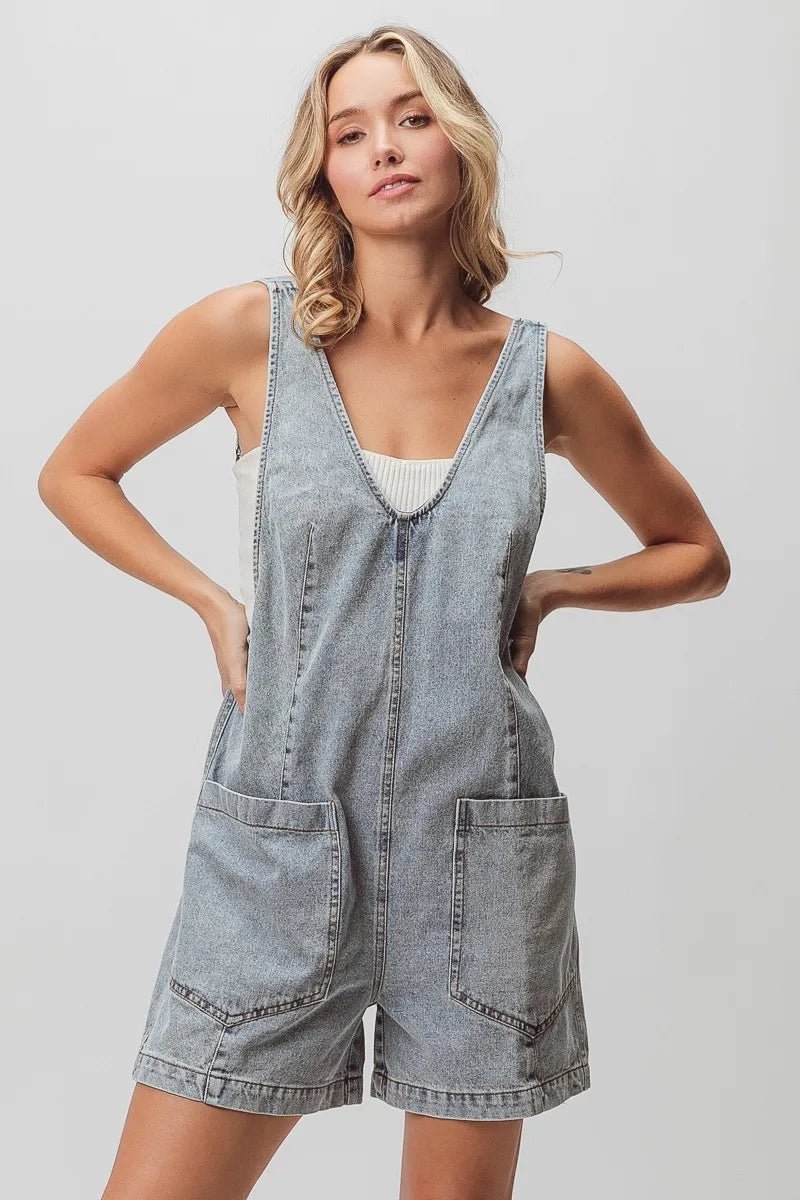BiBi - Washed Denim Short Overalls in Faded Black