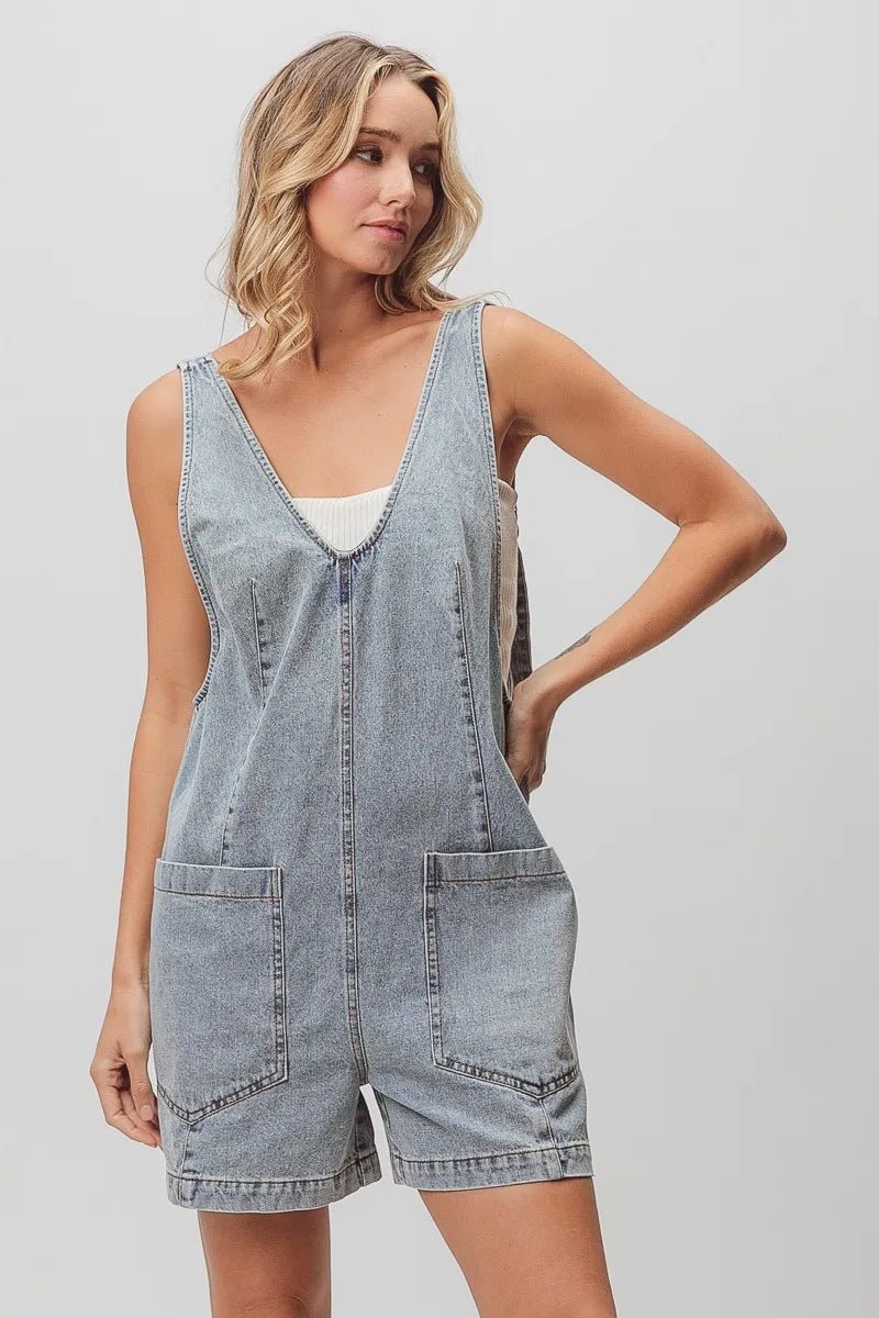 BiBi - Washed Denim Short Overalls in Faded Black