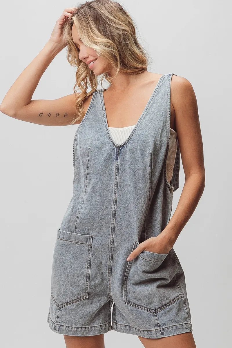BiBi - Washed Denim Short Overalls in Faded Black