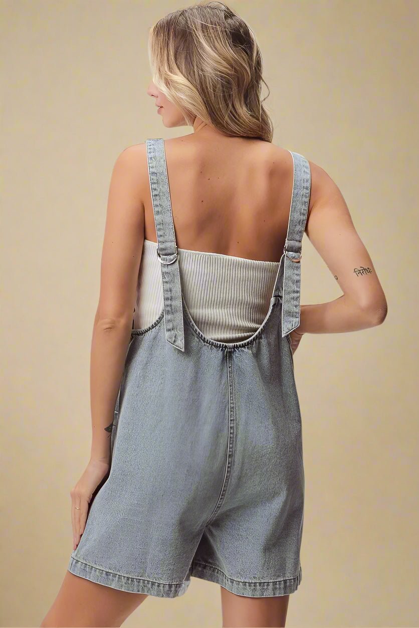 BiBi - Washed Denim Short Overalls in Faded Black