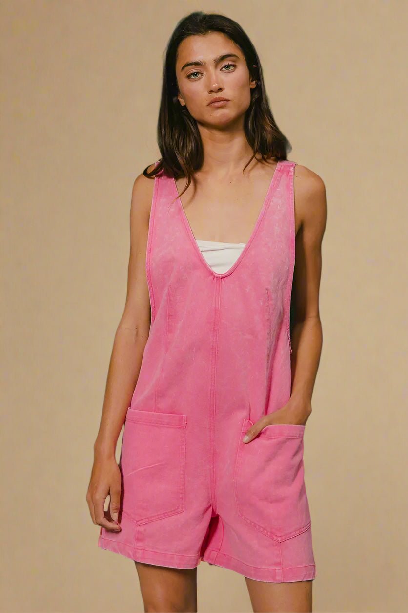 BiBi - Washed Denim Short Overalls in Hot Pink