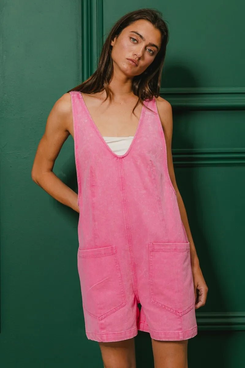 BiBi - Washed Denim Short Overalls in Hot Pink