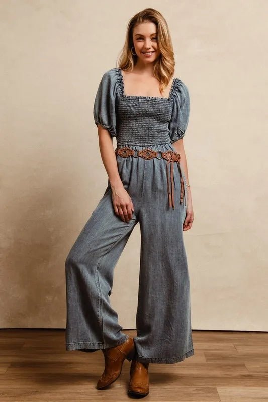 BiBi - Washed Denim Smocked Jumpsuit