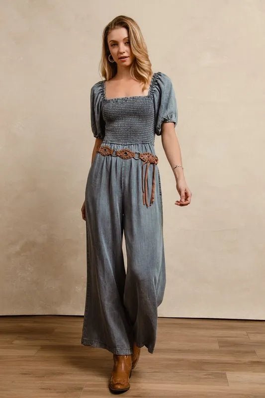 BiBi - Washed Denim Smocked Jumpsuit