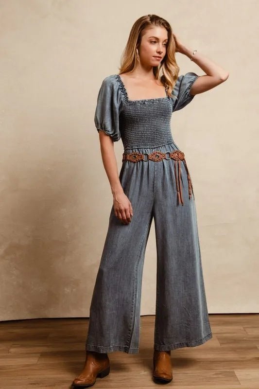 BiBi - Washed Denim Smocked Jumpsuit
