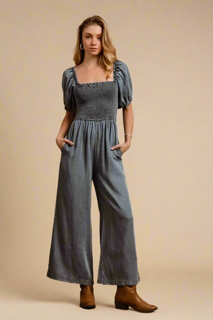 BiBi - Washed Denim Smocked Jumpsuit