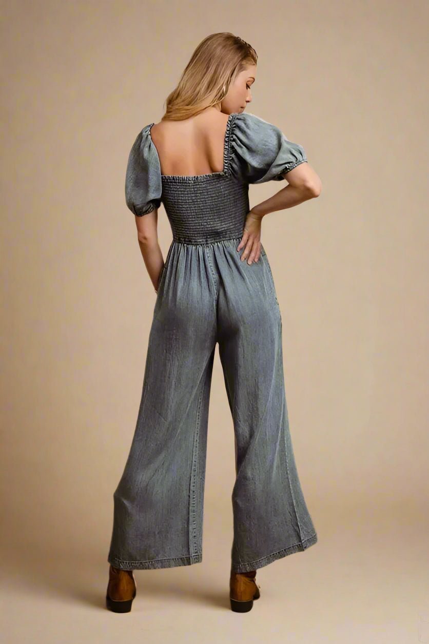 BiBi - Washed Denim Smocked Jumpsuit