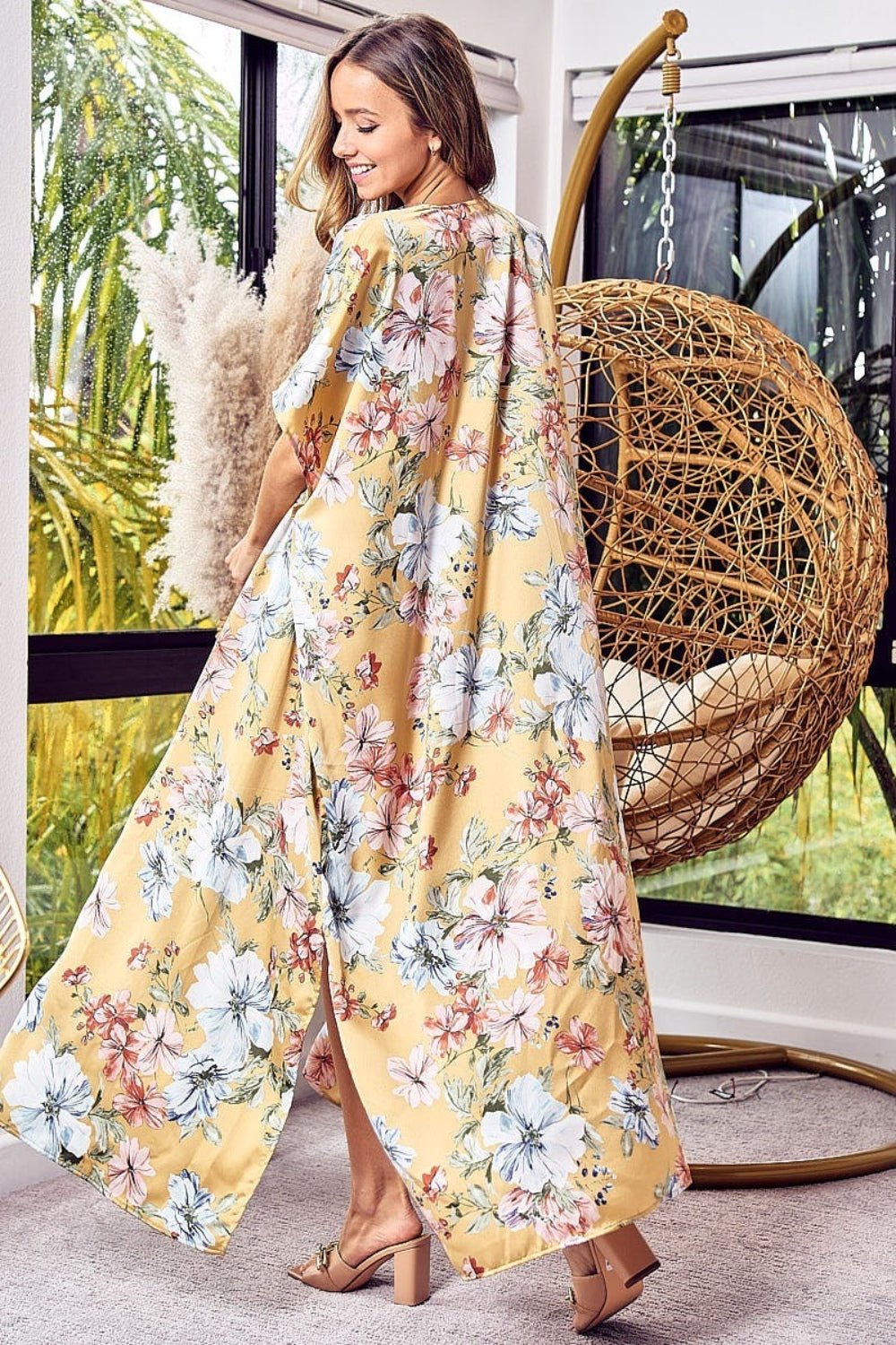 BiBi - Yellow Floral Side Slit Longline Kimono Cardigan