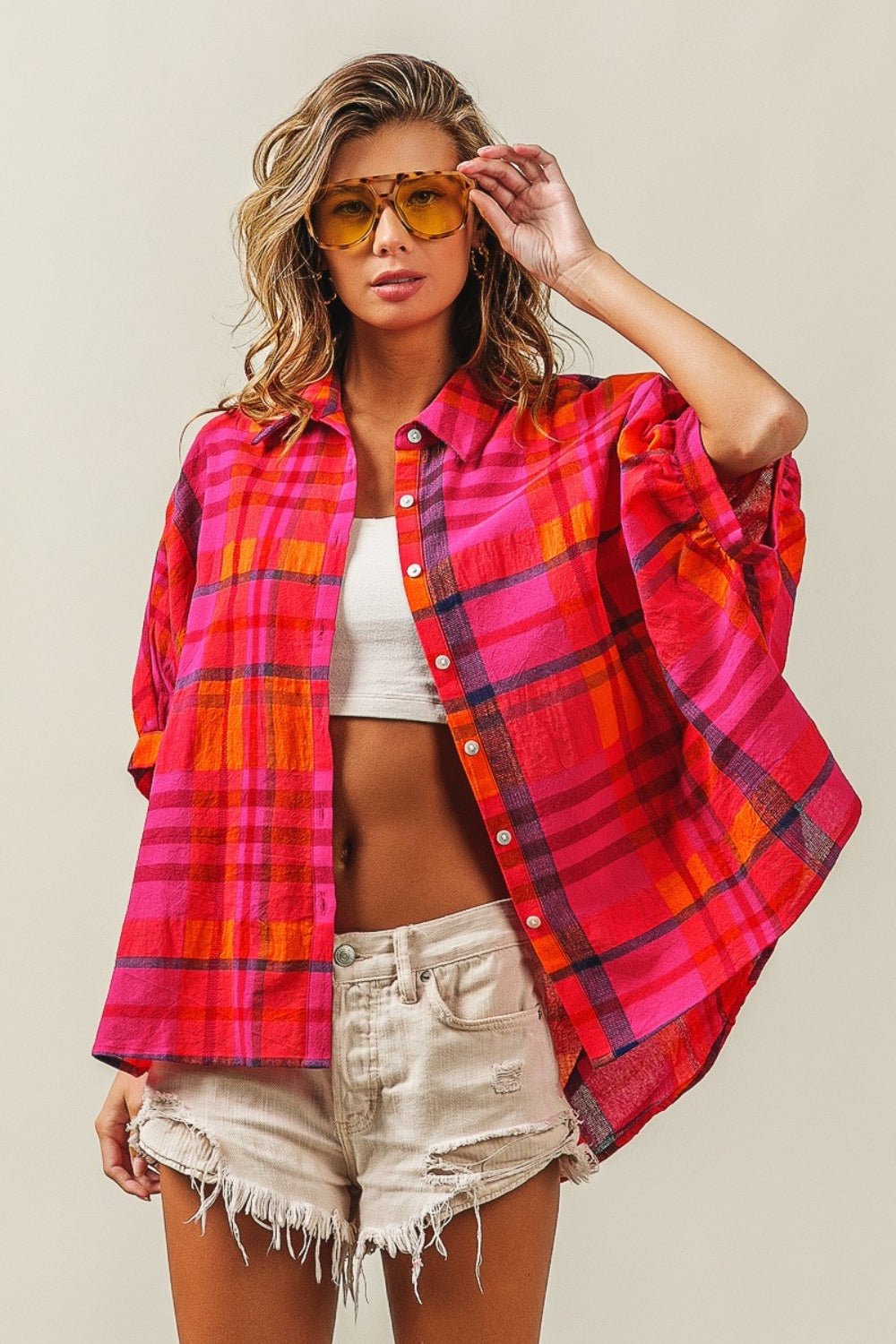 BiBiButton Up Dolman Sleeve Plaid Shirt in Fuchsia Multi