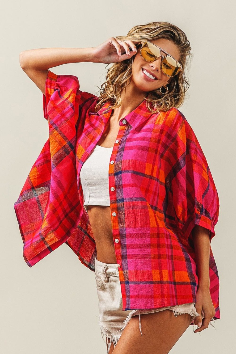 BiBiButton Up Dolman Sleeve Plaid Shirt in Fuchsia Multi