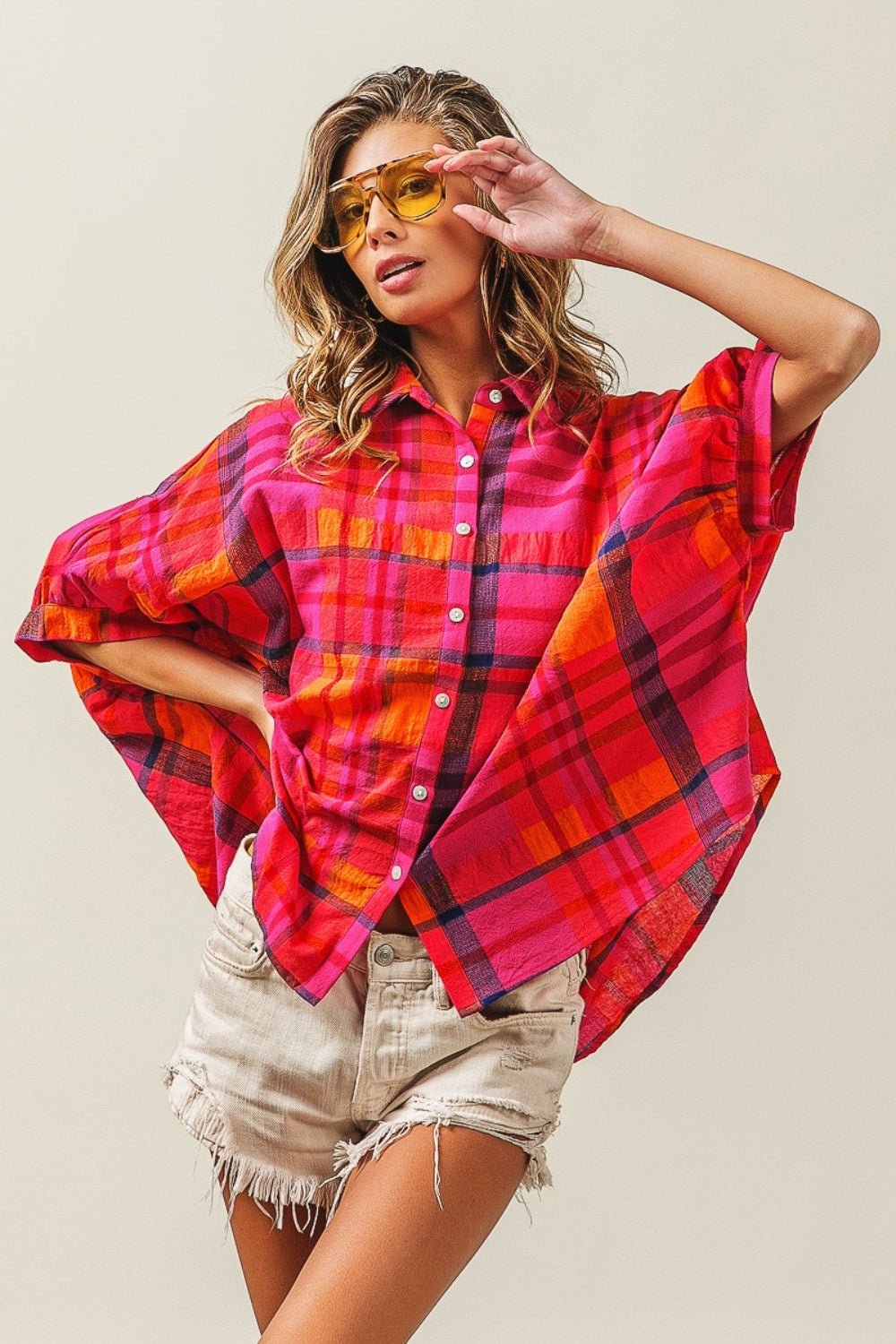 BiBiButton Up Dolman Sleeve Plaid Shirt in Fuchsia Multi