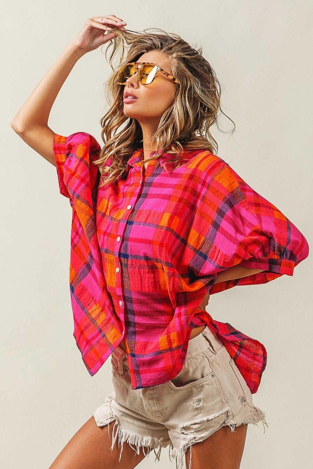 BiBiButton Up Dolman Sleeve Plaid Shirt in Fuchsia Multi