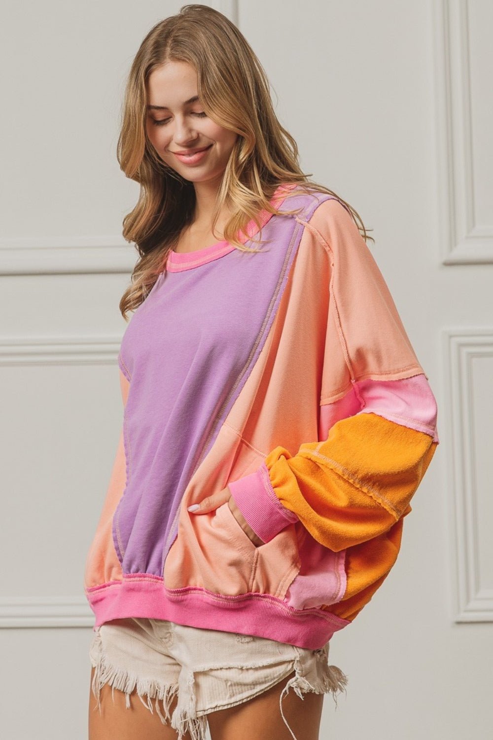 BiBiColor Block Sweatshirt with Pockets in Lavender Peach