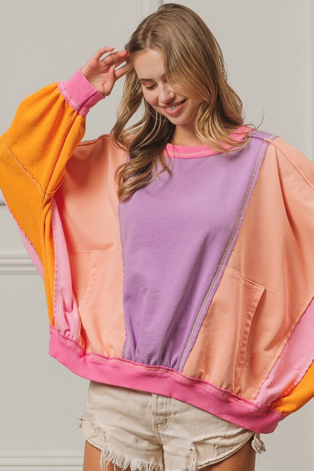 BiBiColor Block Sweatshirt with Pockets in Lavender Peach