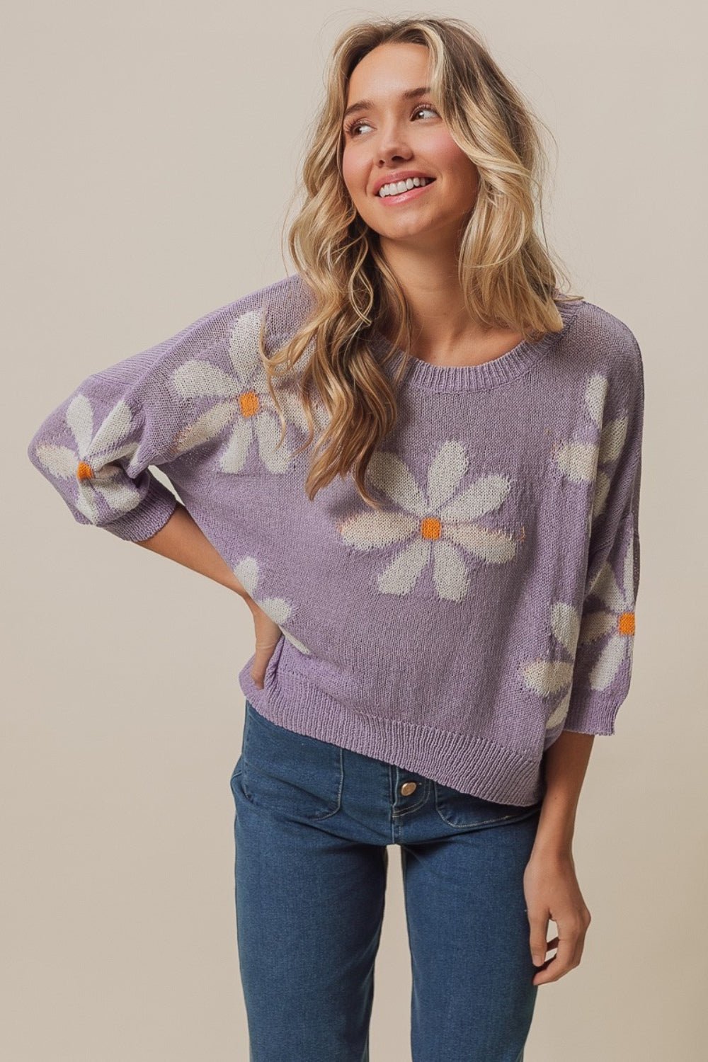 BiBiFloral Pattern Tunic Sweater in Lavender Ivory